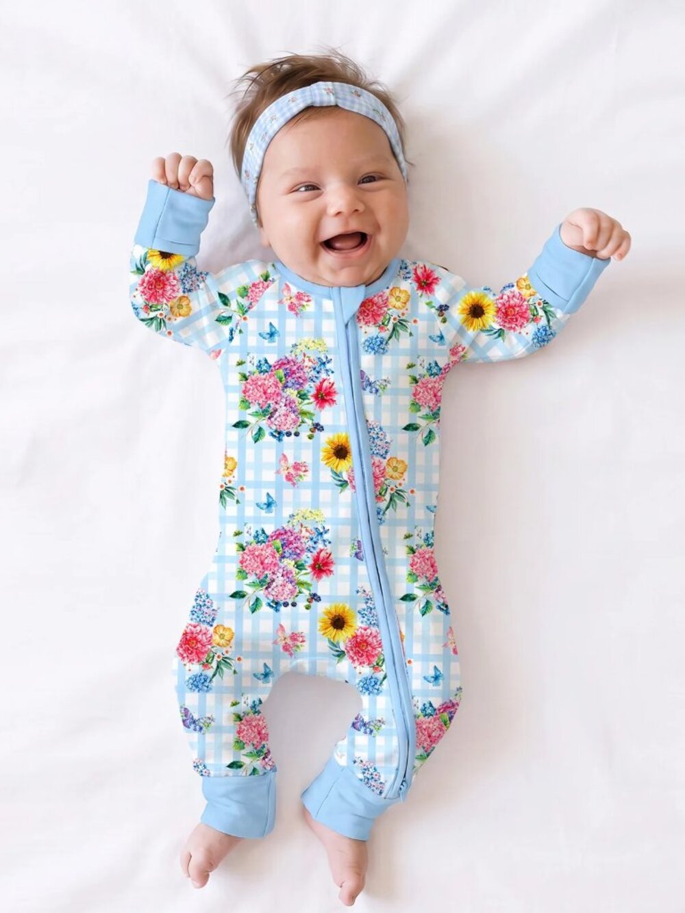 Gingham Garden Bouquet Bamboo Zipper Pajama Romper - 18-24M